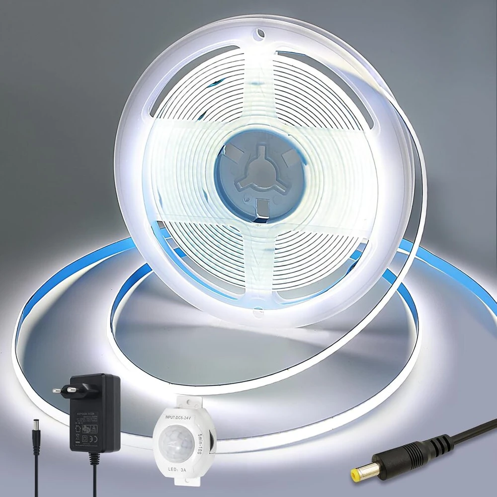 Yamlten 12 V Cob Led juosta, 6000 K, šaltai balta, Led juosta su judesio davikliu, maitinimo adapteris, 320 Led/m svetainei, spintai, miegamajam, „pasidaryk pats“ Led juosta 3 m
