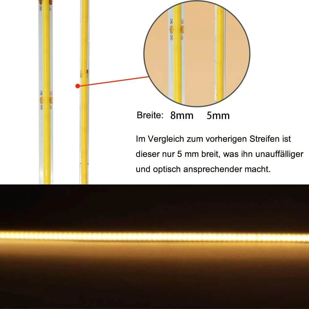 Yamlten 12 V Cob Led juosta, 6000 K, šaltai balta, Led juosta su judesio davikliu, maitinimo adapteris, 320 Led/m svetainei, spintai, miegamajam, „pasidaryk pats“ Led juosta 3 m