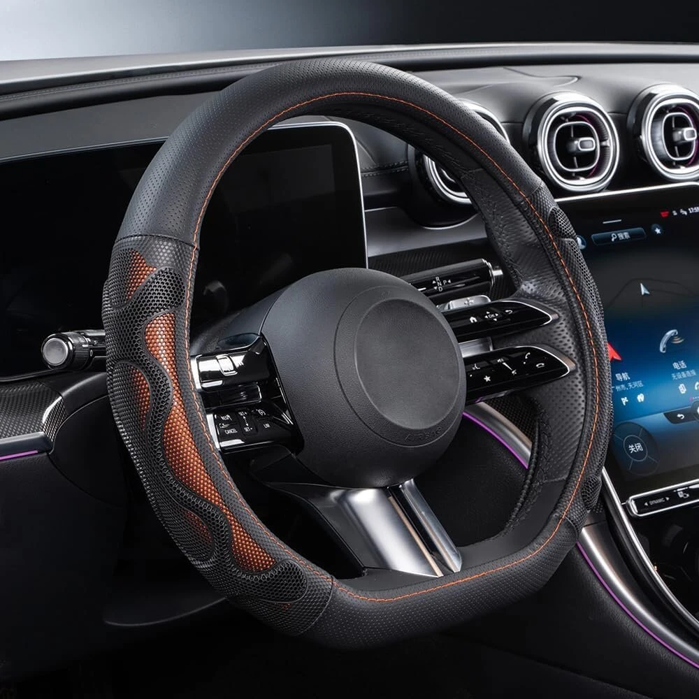 Yamlten silikoninės odos sujungimo automobilio vairo užvalkalas, neslystantis, laidus orui, apsaugantis nuo karščio automobilio vairo užvalkalas, 38 cm / 14,96 colio sportinio vairo apsauga, D formos universalus, oranžinis