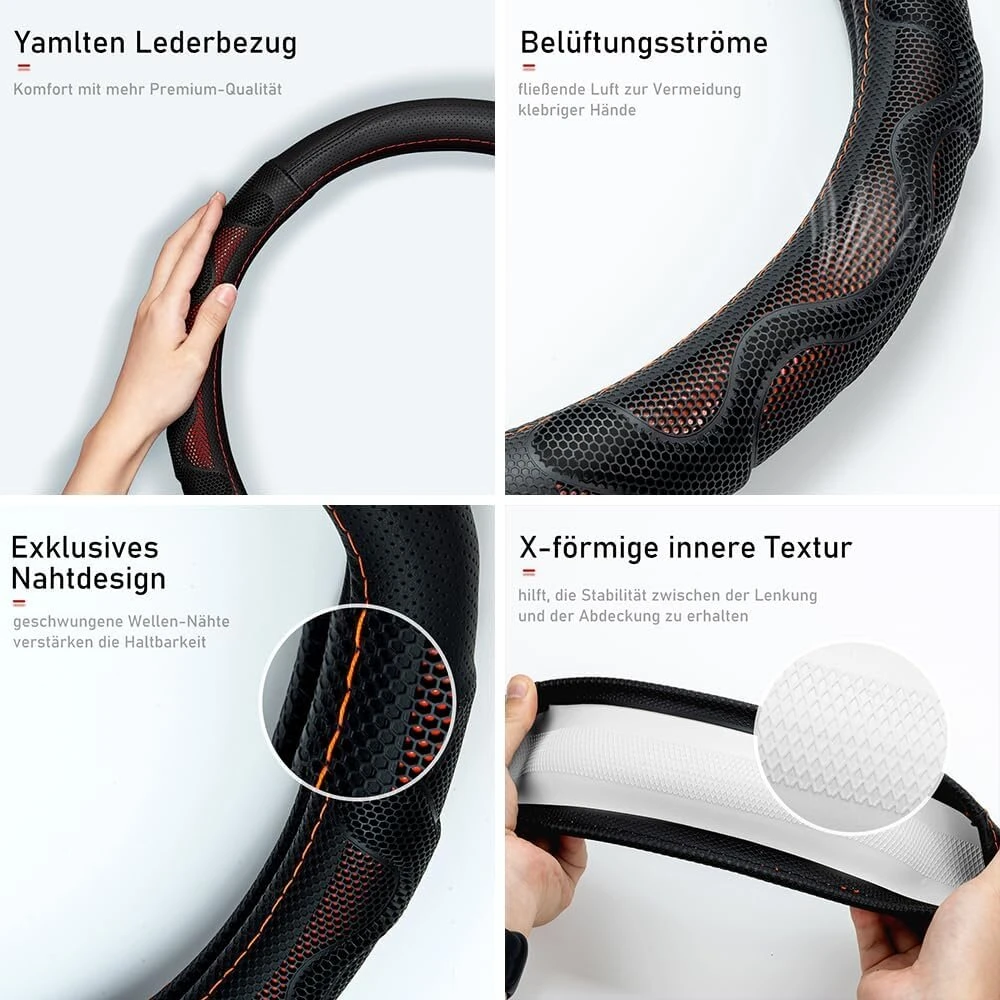 Yamlten silikoninės odos sujungimo automobilio vairo užvalkalas, neslystantis, laidus orui, apsaugantis nuo karščio automobilio vairo užvalkalas, 38 cm / 14,96 colio sportinio vairo apsauga, D formos universalus, oranžinis