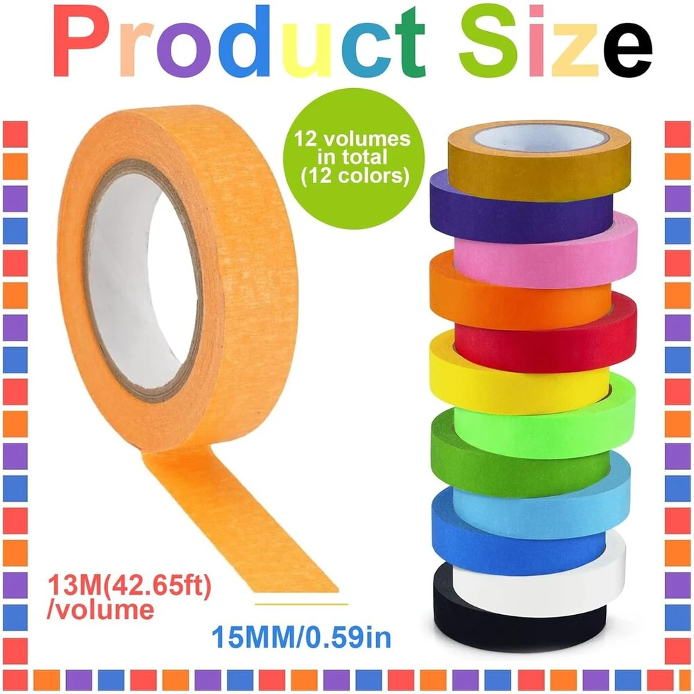 Yanbous Cancer maskavimo juostos rinkinys, 12 ritinėlių, 15 mm x 13 m, spalvinga Cancer maskavimo juosta dekoratyviniams amatams, iškarpų albumams, purškimui, dažymui, renovacijai