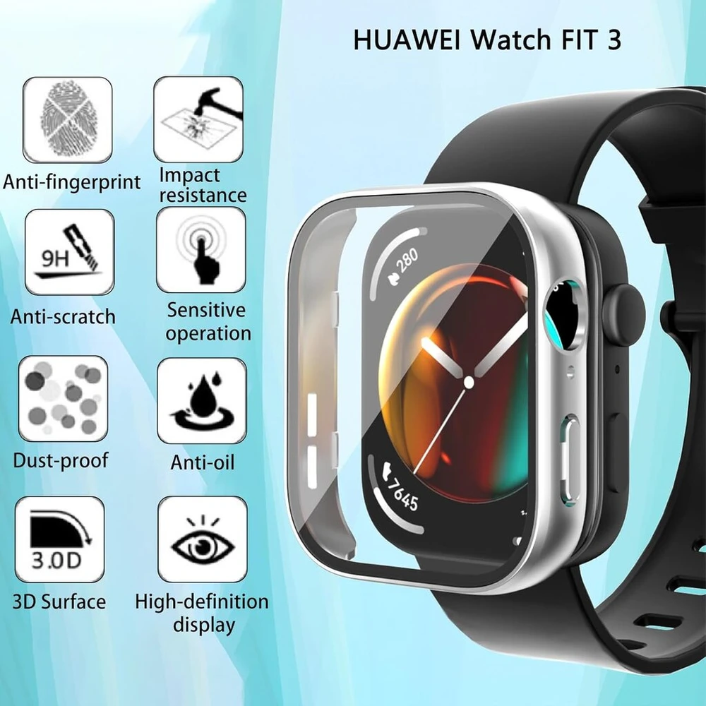 Yaodle dėklas, skirtas huawei watch fit 3, apsauginis dėklas, pc itin plonas hd grūdintas stiklas, atsparus įbrėžimams 360° visapusiška ekrano apsauga (through)