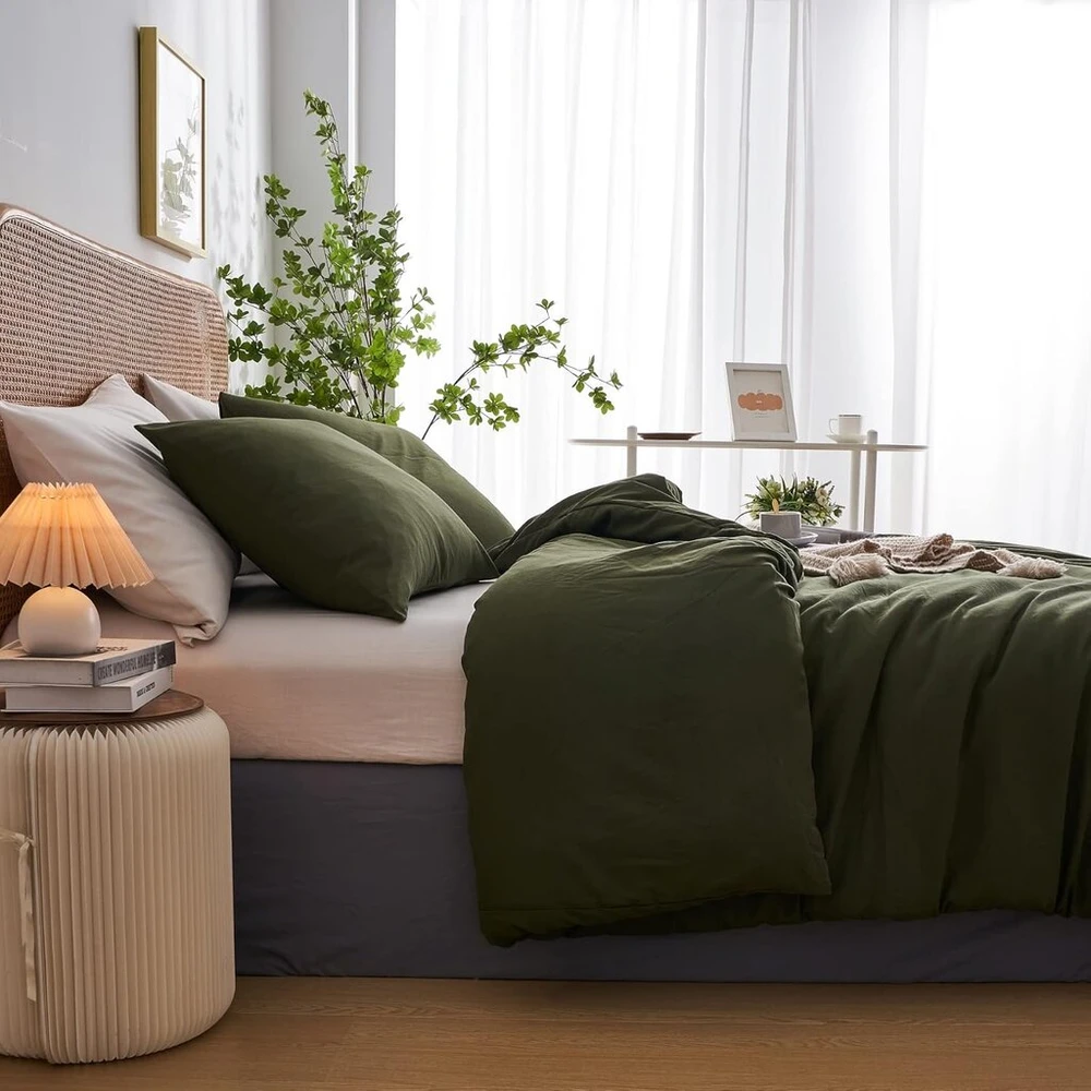 Yasmeng žalios spalvos patalynės komplektas 200 x 200 cm alyvuogių žalumo vienspalvis modernus skalbto medvilnės patalynės komplektas 3 dalių minkštas pūkuotas patalynės komplektas su užtrauktuku ir 2 pagalvių užvalkalais 80 x 80 cm