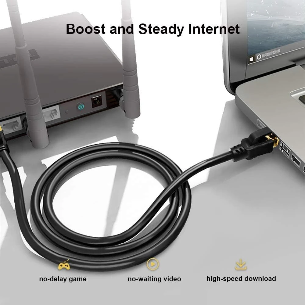 Yauhody Cat 8 Lan kabelis, 5 m, Ethernet kabelis, 40 Gbps 2000 Mhz S/ftp tinklo kabelis, Gigabit interneto kabelis, Rj45 jungiamasis kabelis maršrutizatoriui, modemui, televizoriui, kompiuteriui, jungikliui, Ps5, nešiojamam kompiuteriui (juodas 5 m)