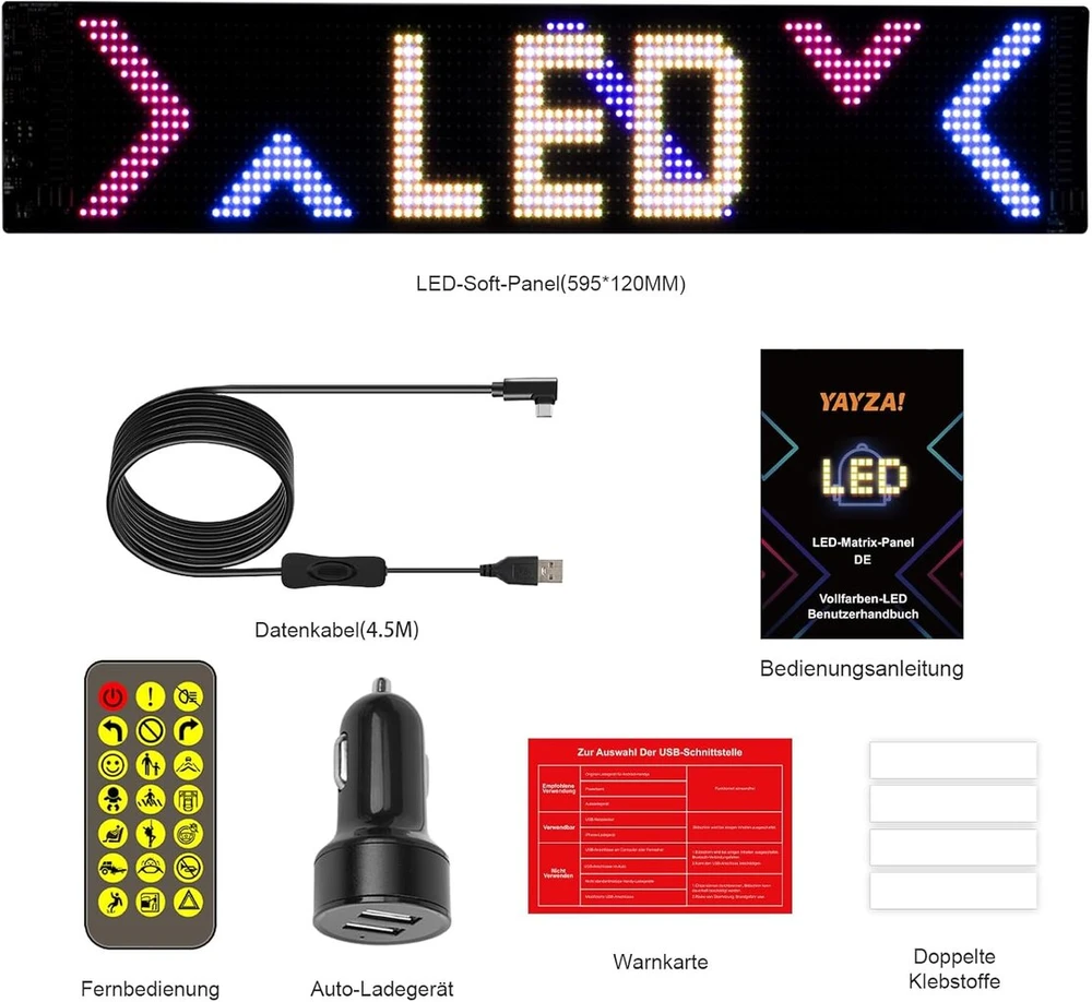 Yayza! universalus led slenkantis šriftas, rgb programuojamas lankstus led matricos ekranas, 595 x 120 mm panelės tekstas vakarėliams, parduotuvei, reklaminiam skydeliui, automobiliui, sunkvežimiui