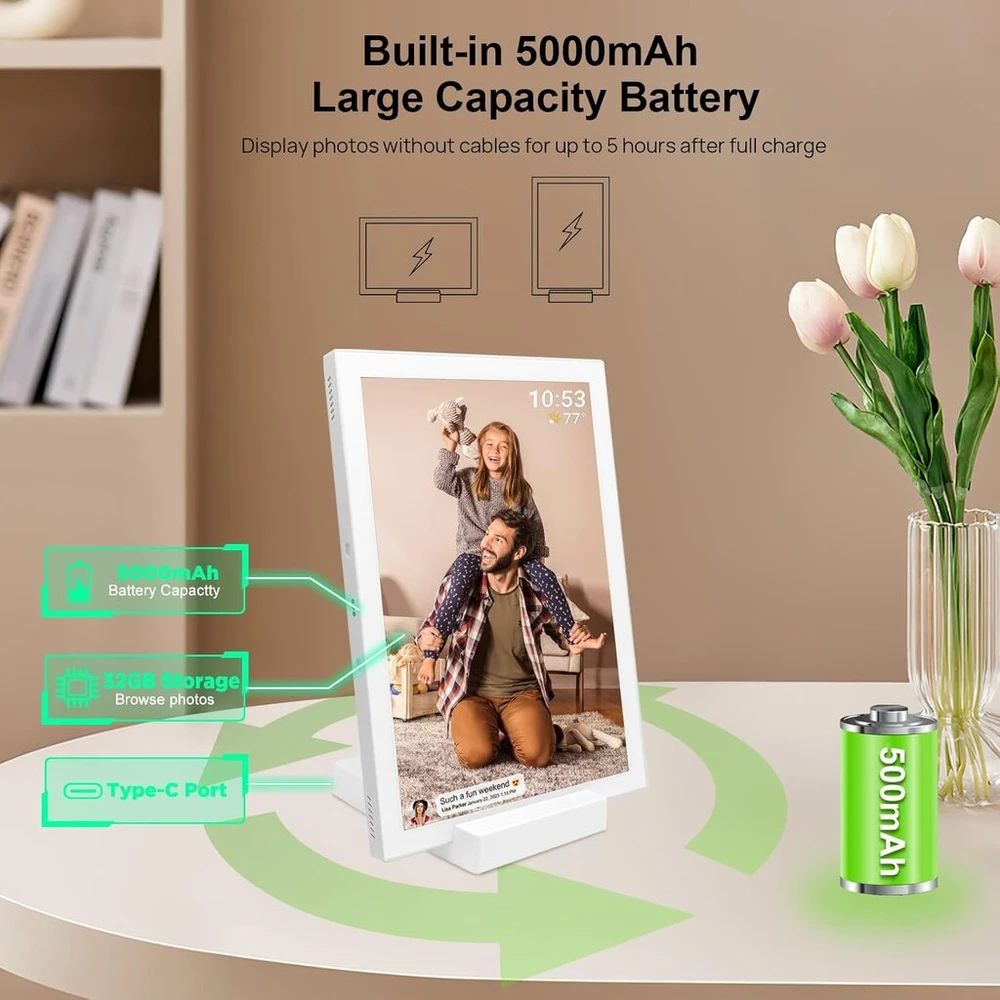 Objektyvas Yenock skaitmeninis nuotraukų rėmelis Frameo 10.1 colio, 5000 Mah baterija, nuotraukų rėmelis su Wifi, 32gb Hd Ips jutiklinis ekranas su belaidžiu įkrovikliu, automatinis pasukimas, momentinis nuotraukų/video dalijimasis per programėlę