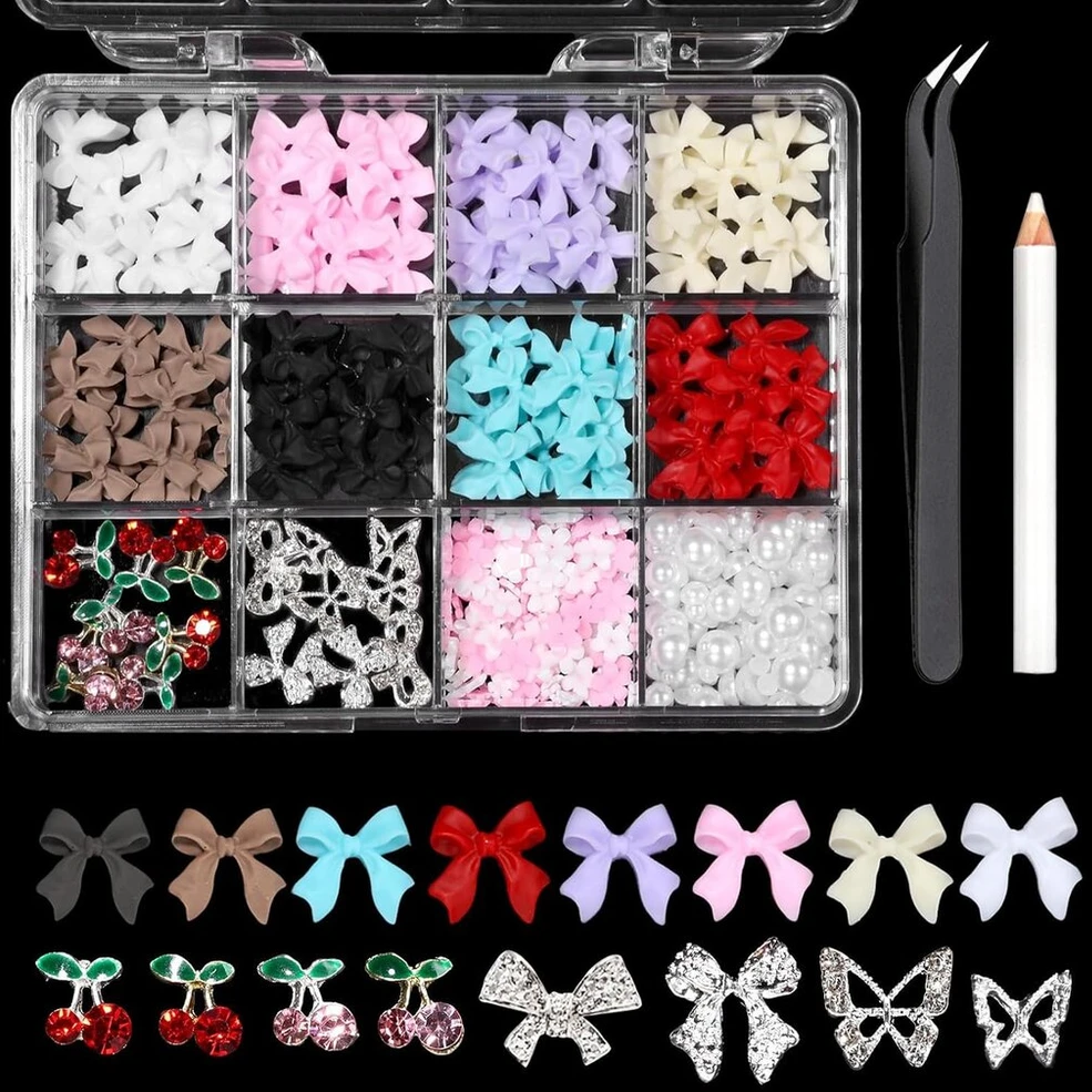 Yeomju 3d lankelių nagų pakabukai, rožinės, baltos, raudonos, juodos spalvos lankeliai, gėlės, karoliukai, nagų pakabukai, įvairių spalvų nagų pakabukai, drugeliai, vyšnios, sidabro lydinys