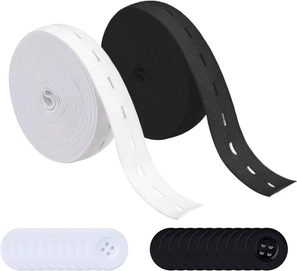 Yewseas 2 vnt. 14 m elastinė juosta su sagų kilpelėmis, juoda ir balta, elastinės juostos plotis 20 mm ir 20 sagų, elastinė siuvimo juosta kelnėms, sijonams, galvos juostai