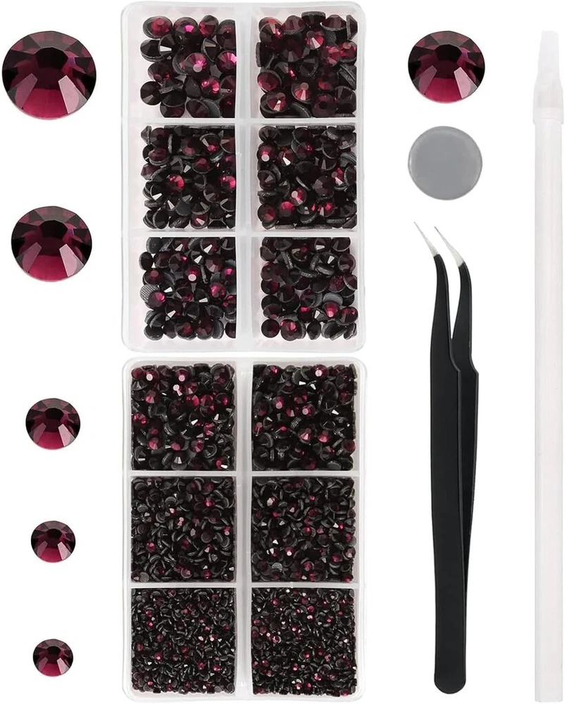 Yhmq Du 6616 vienetų violetinės karšto fiksavimo krištolinio stiklo kalnų krištolai deimantai amatams, gertuvei, drabužiams, marškinėliams, blizgučiams, plokščia nugara, apvalūs su pincetu ir kėlimo rašikliu (rinkinys Ss6-ss30)