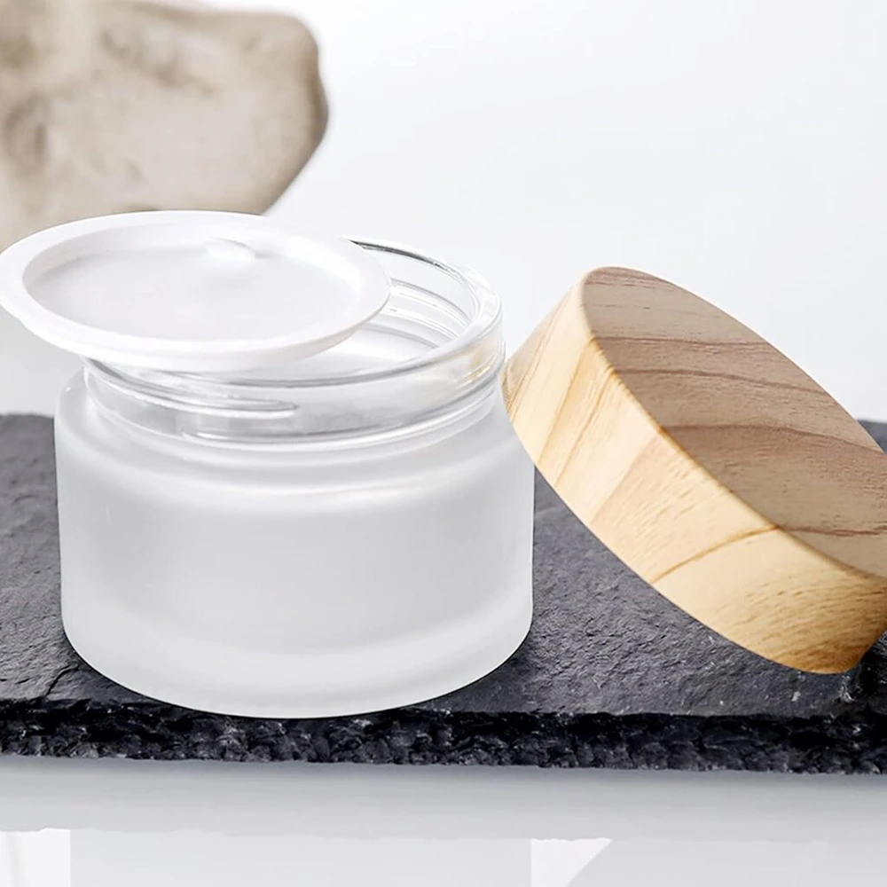 Yhskjcd 6 šaldytų indelių rinkinys, tepalo indeliai, 30 ml, kremo indeliai užpildymui, mažas indelis su mediniu dangteliu, permatomas mėginio buteliukas kosmetiniam kremui, kremui, akių losjonui
