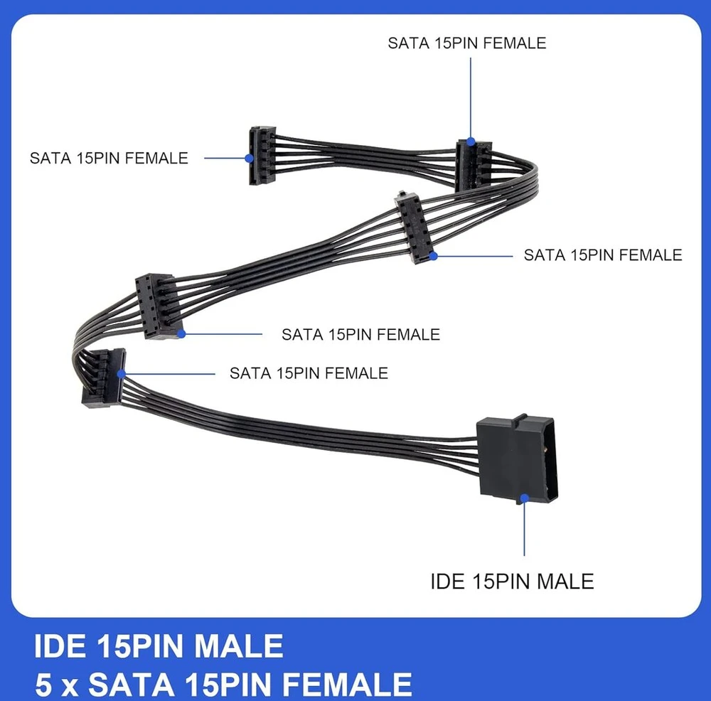 Yiejoya 4 kontaktų Ide Molex į 15 kontaktų Sata maitinimo kabelį, didelis 4 kontaktų Male į 5 x 15 kontaktų Sata Female kietojo disko maitinimo skirstytuvo adapterio kabelis, skirtas Diy Pc Server