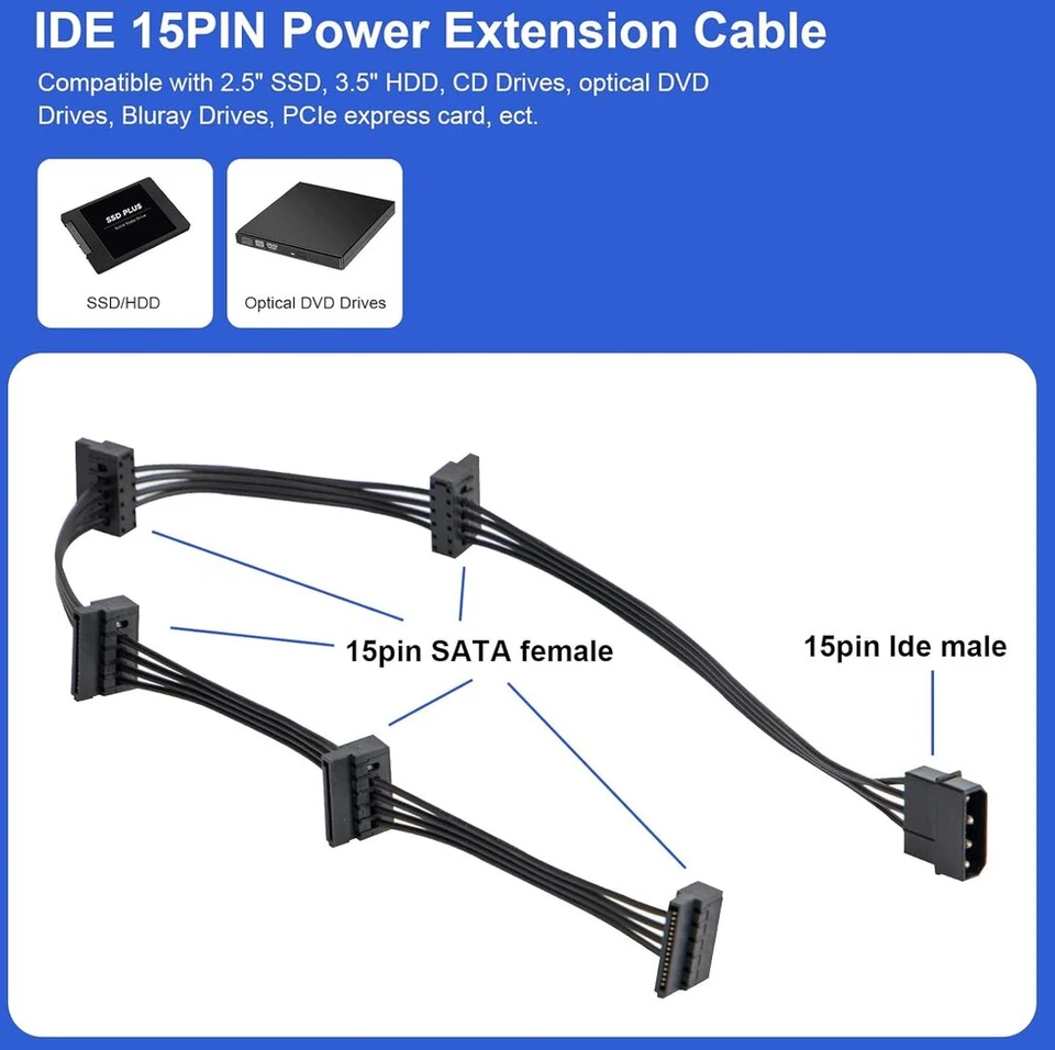 Yiejoya 4 kontaktų Ide Molex į 15 kontaktų Sata maitinimo kabelį, didelis 4 kontaktų Male į 5 x 15 kontaktų Sata Female kietojo disko maitinimo skirstytuvo adapterio kabelis, skirtas Diy Pc Server