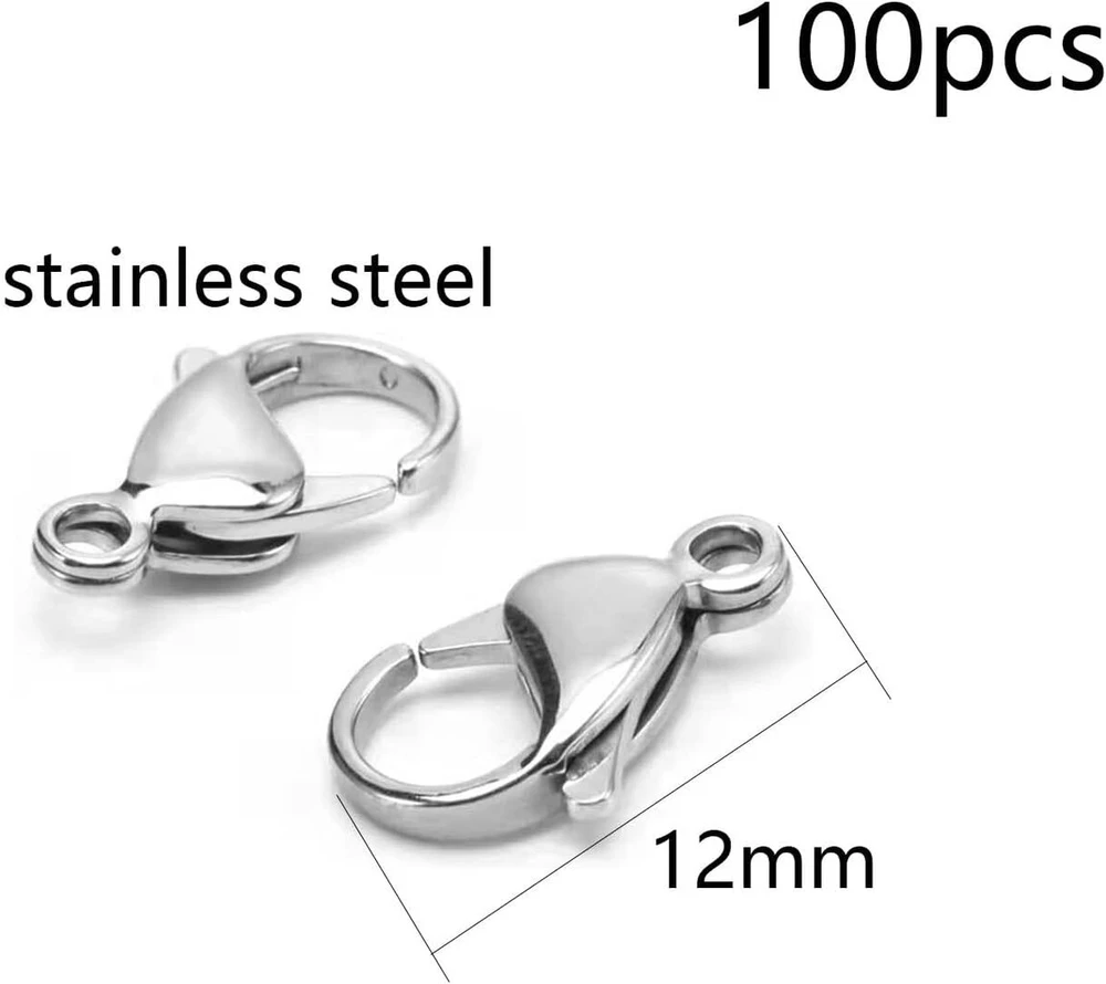 Yieur 100 vienetų papuošalų užsegimų rinkinys, omaro tipo užsegimas, nerūdijantis plienas, 12 mm apyrankės užsegimas, omaro tipo užsegimas „pasidaryk pats“ amatams, papuošalų gamybai (nerūdijantis plienas)