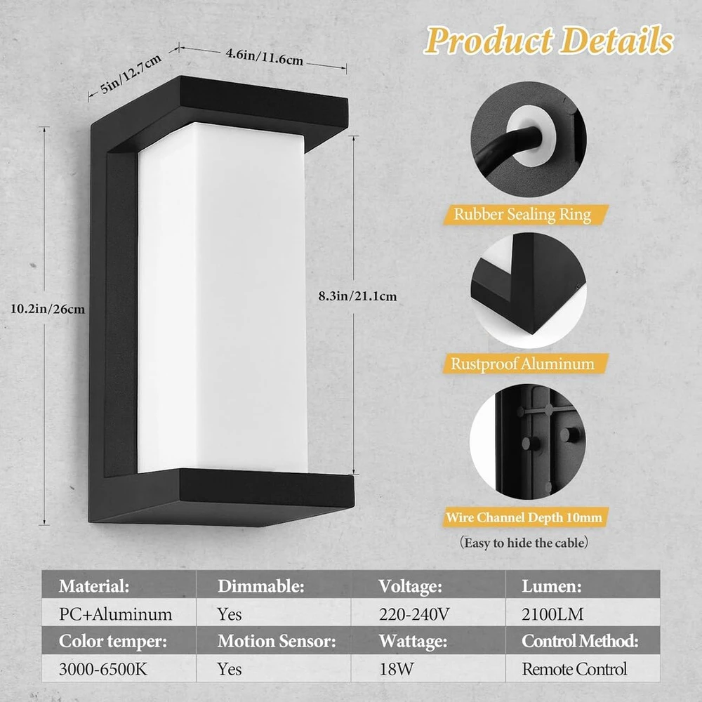 Yindalux 18 W lauko šviestuvas su judesio davikliu, Led lauko sieninis šviestuvas su nuotoliniu valdymu, Ip65 vandeniui atspari moderni sieninė lempa vidaus/lauko, 3000-6500 K reguliuojamas lauko apšvietimas sodui, terasai, juodas