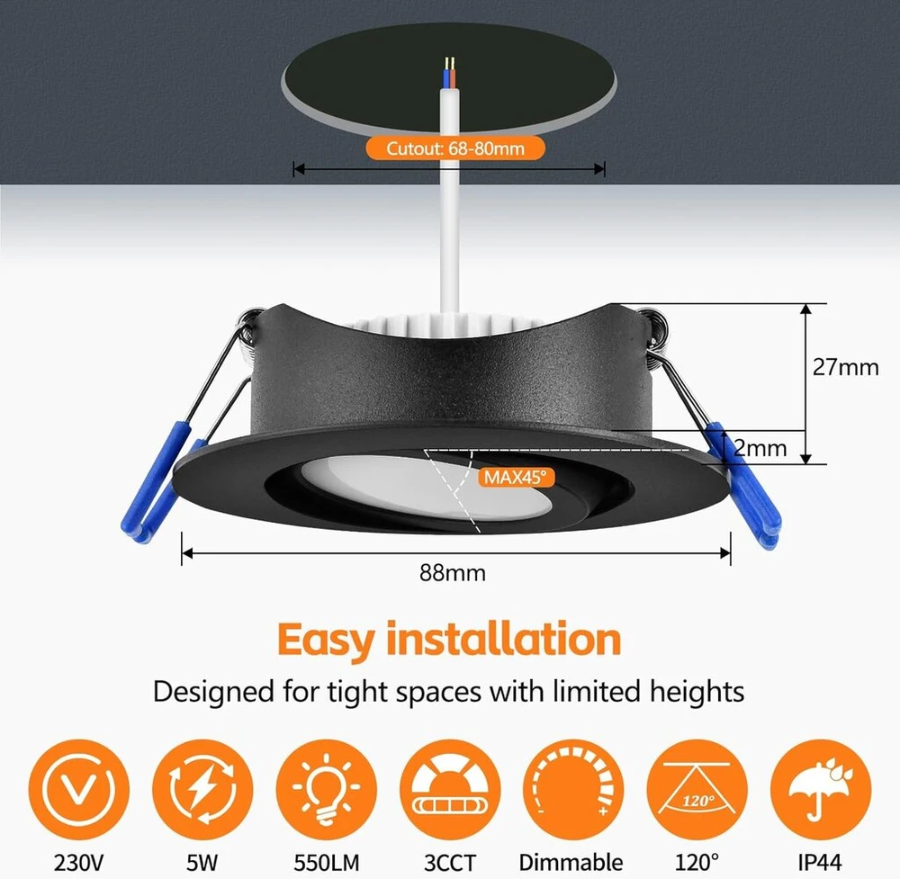 Yindalux led įleidžiamas prožektorius 230 v reguliuojamas led spot 5 w ip44 3cct įleidžiami prožektoriai su nuimamu led moduliu šiltai balta neutrali balta šaltai balta įleidžiami šviestuvai 68-80 mm skylės dydis juodas
