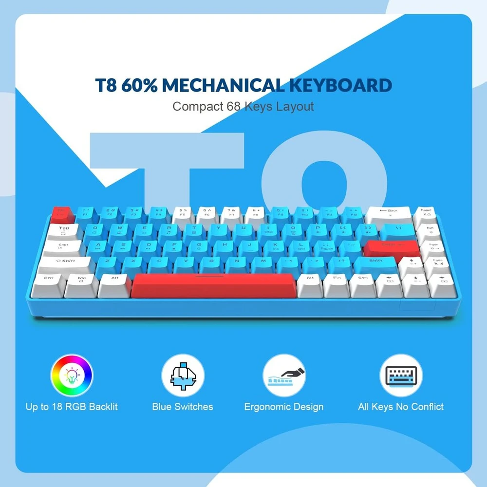 Yindiao T8 60% žaidimų klaviatūra, 68 klavišai, kompaktiška, laidinė, mechaninė mini klaviatūra su 18 Chroma Rgb apšvietimu, raudoni jungikliai, Usb-c spiralinis klaviatūros kabelis, skirta Pc, Mac, šviesiai pilka