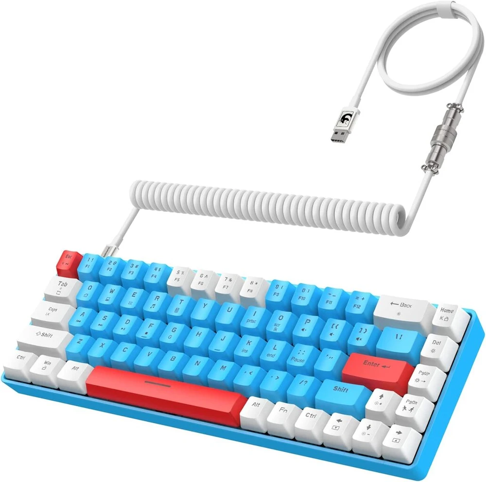Yindiao T8 60% žaidimų klaviatūra, 68 klavišai, kompaktiška, laidinė, mechaninė mini klaviatūra su 18 Chroma Rgb apšvietimu, raudoni jungikliai, Usb-c spiralinis klaviatūros kabelis, skirta Pc, Mac, šviesiai pilka