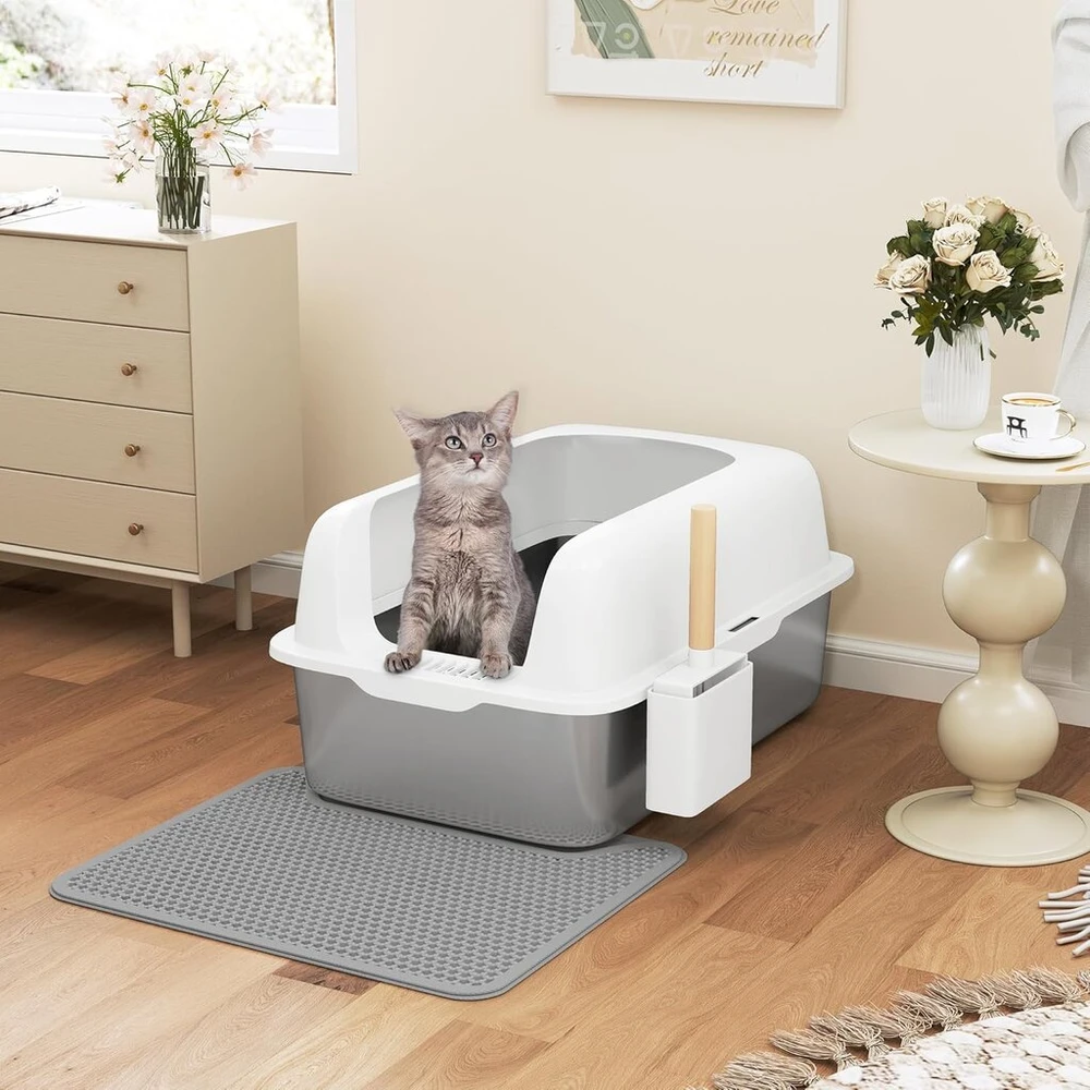 Yitahome Nerūdijančio plieno kraiko dėžė katėms 30 L Xxl itin didelė kraiko dėžė katėms, neslystantis aukštas kraštas, kilimėlis nuo kraiko, lengvai valoma nelipni danga, 60 x 40 x 30 cm (balta)