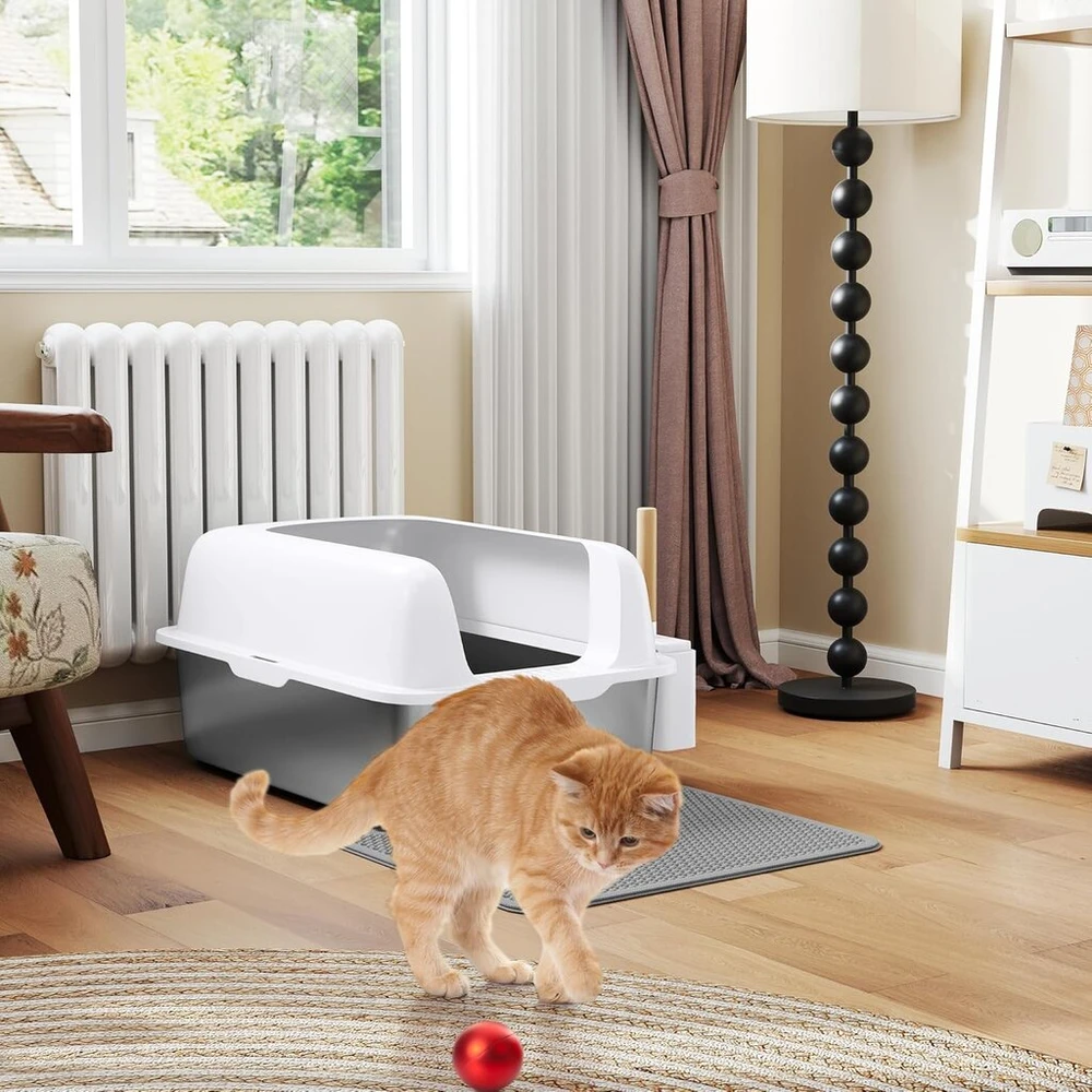 Yitahome Nerūdijančio plieno kraiko dėžė katėms 30 L Xxl itin didelė kraiko dėžė katėms, neslystantis aukštas kraštas, kilimėlis nuo kraiko, lengvai valoma nelipni danga, 60 x 40 x 30 cm (balta)