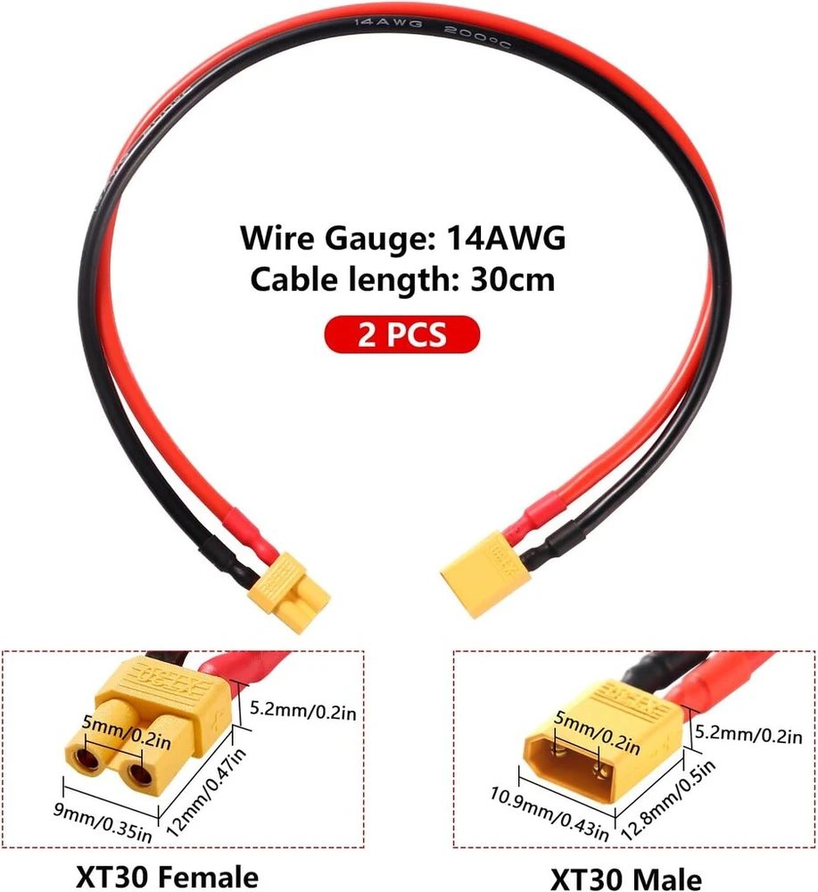 Yixisi Xt30 ilginimo laidas, Xt30 tėtis į Xt30 mama adapteris su 30 cm 14awg silikonine viela, Xt30 adapterio ilginimo laidas, rc lipo baterijai fpv dronui, 2 vnt.