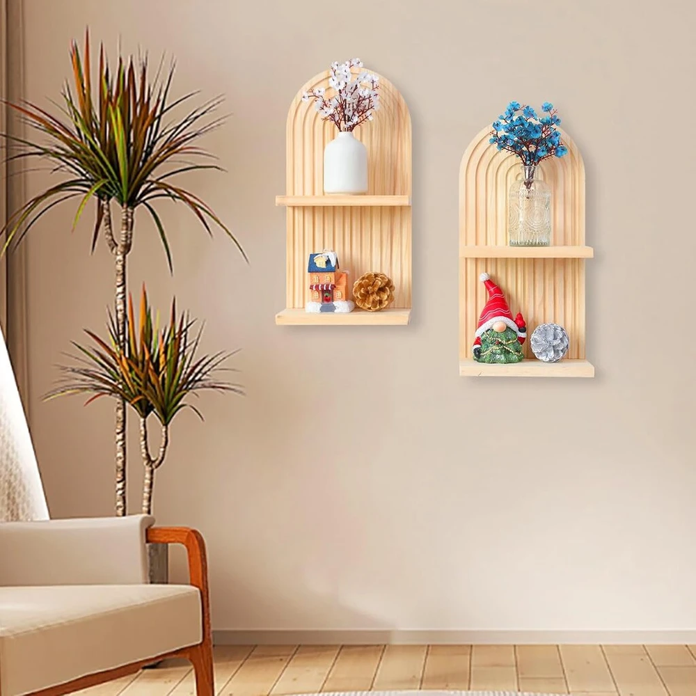 Yiya, 2 vnt., modernios boho sieninės lentynos, sieninė pakabinama lentyna, bohemiška pakabinama lentyna, boho medinės vaivorykštės sieninės lentynos menui, svetainei, sodybai, vaikų kambario sienų dekoravimui, smėlio spalvos (dviguba)