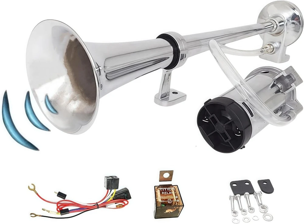 Yiyida automobilio garso signalas vieno trimito 24 V automobilio garso signalas garsus oro signalas automobilio garso signalas laivo garso signalas garsiakalbis sidabro chromo cinko oro signalas su kompresoriumi oro signalas 24 V automobiliui sunkvežimiui