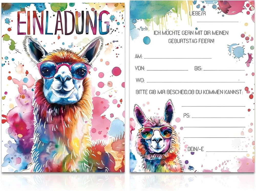Ynkkvre kvietimai į vaikų gimtadienį mergaitėms ir berniukams, 14 x Llama kvietimai į vaikų gimtadienį, juokingi Alpaca gimtadienio kvietimai, kvietimas į vakarėlį su šauniu Llama dizainu