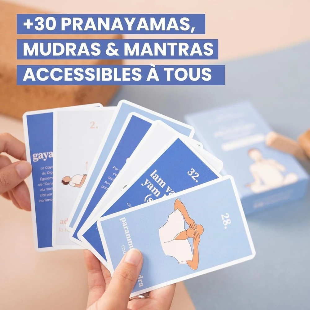 Yogasana Pranayama prancūzų kortų žaidimas 60 kortų - išmokite sąmoningai kvėpuoti - susikurkite savo individualią rutiną - pozų iliustracijos - žaismingas ir