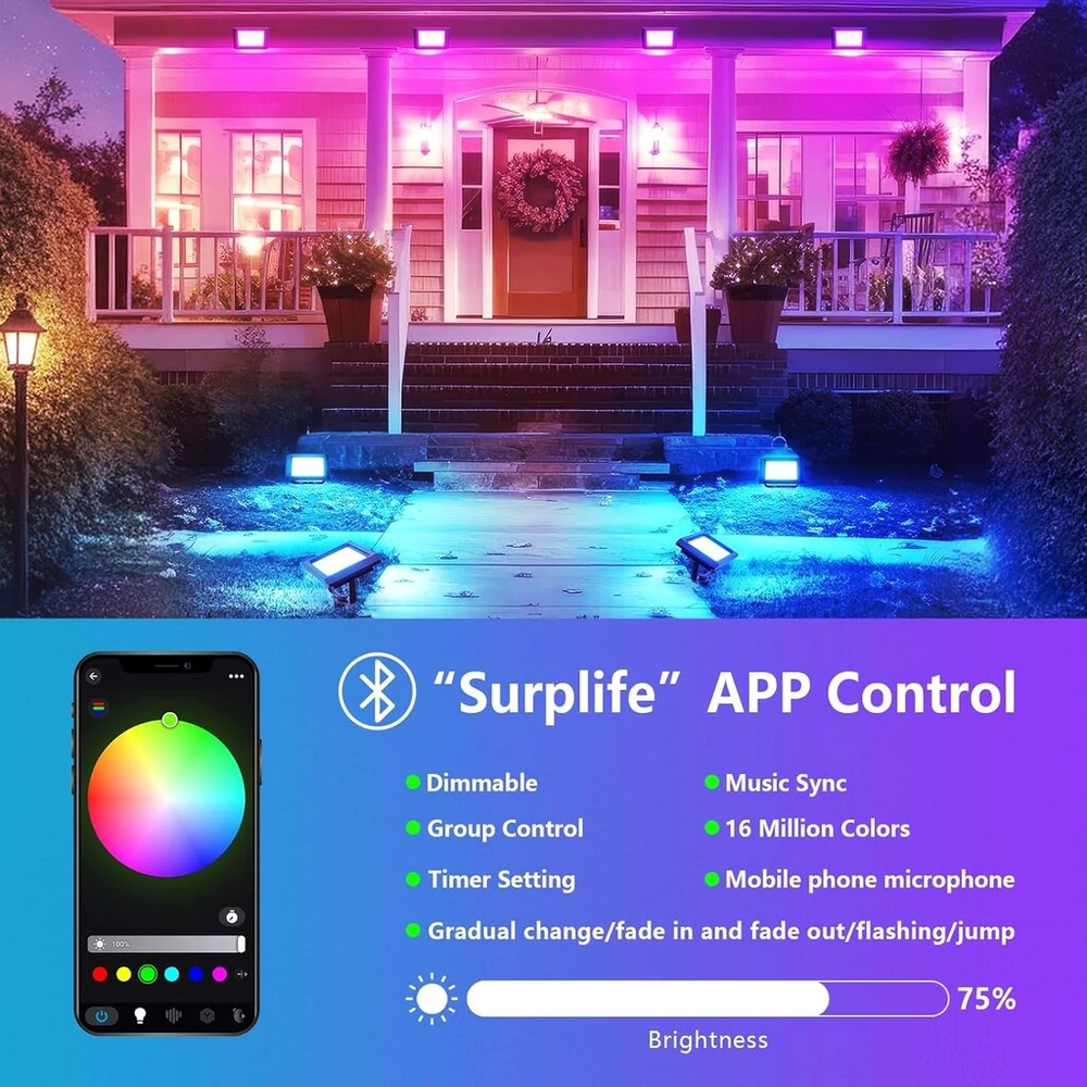 Yojzma 2 vnt. 200 W led prožektorius lauko sąlygoms, išmanus rgb diy scenų spalvų keitimo kraštovaizdžio apšvietimas su programėlės valdymu, ip66 vandeniui atsparus priekinis žibintas su kištuku sodui, kiemams, scenai, namui