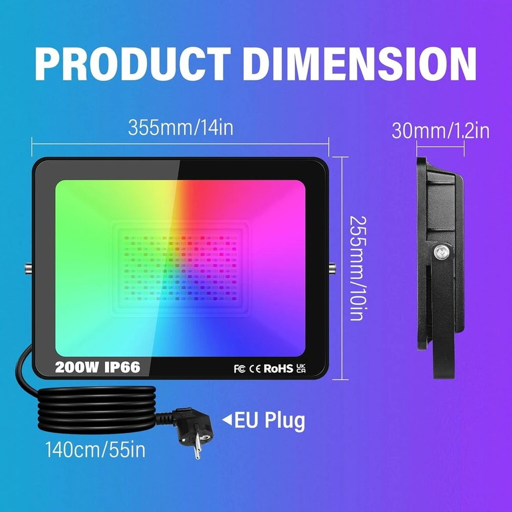 Yojzma 2 vnt. 200 W led prožektorius lauko sąlygoms, išmanus rgb diy scenų spalvų keitimo kraštovaizdžio apšvietimas su programėlės valdymu, ip66 vandeniui atsparus priekinis žibintas su kištuku sodui, kiemams, scenai, namui