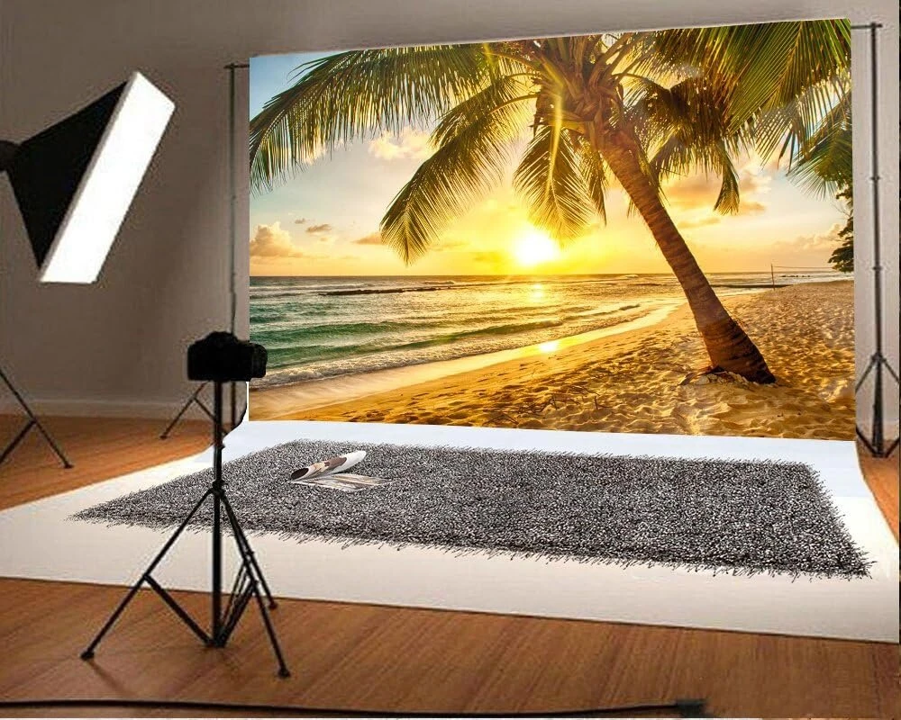 Yongfoto 3 x 2 m fotostudijos fonas, paplūdimys, jūra, kraštovaizdis, mėlynas dangus, balti debesys, palmė, saulėlydis, fotografijos fonas, nuotraukų fotosesijos, kūdikių vakarėlio reklaminis skydelis, vaikų fotostudijos rekvizitai