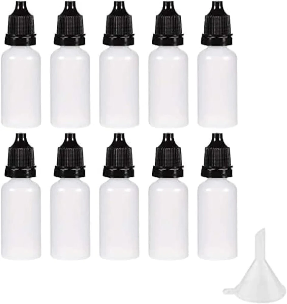 Young Wolf Auto-plaza 50 x ldpe plastikiniai plonasnukiai buteliukai-lašintuvai 15 ml maži tušti spaudžiami buteliukai-lašintuvai, įskaitant 5 x mini piltuvėlių rinkinį
