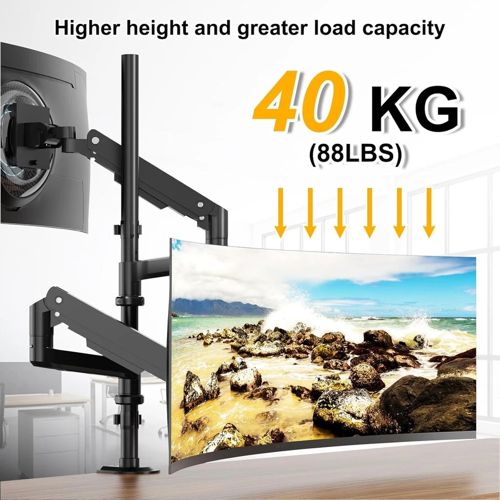 Laikiklis Ypač ilgas 814 mm itin tvirtas monitoriaus stovas, plieno strypas (iki 40 kg) - 2 dalių aukščio reguliavimas, 2 montavimo parinktys, tinkamas "pasidaryk pats", juodas - standartinių monitoriaus laikiklių pakaitalas