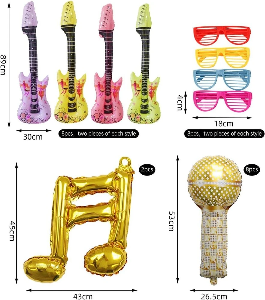 Ysjchebs 26 muzikos rekvizitų rinkinys, gimtadienio nuotraukų rekvizitai, pripučiami muzikos instrumentai vakarėliams, gitaros žaislai vaikams, gimtadienio vakarėlio nuotraukų būdelės rekvizitai