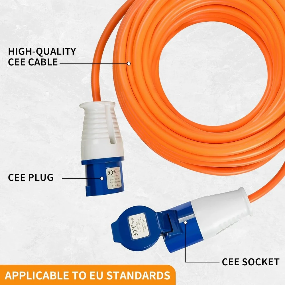Yuanjoy Cee adapterio kabelis, Cee ilginimo kabelis su Cee kištuku ir įžeminimo kontaktine jungtimi, 200–250 V 16 A maitinimo kabelis, 10 metrų, 16 A oranžinis kabelis