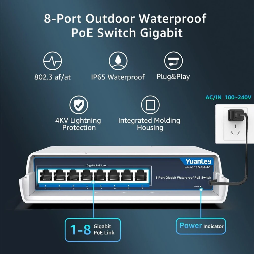 Šakotuvas Yuanley 8 prievadų Gigabit lauko Poe jungiklis, 120w