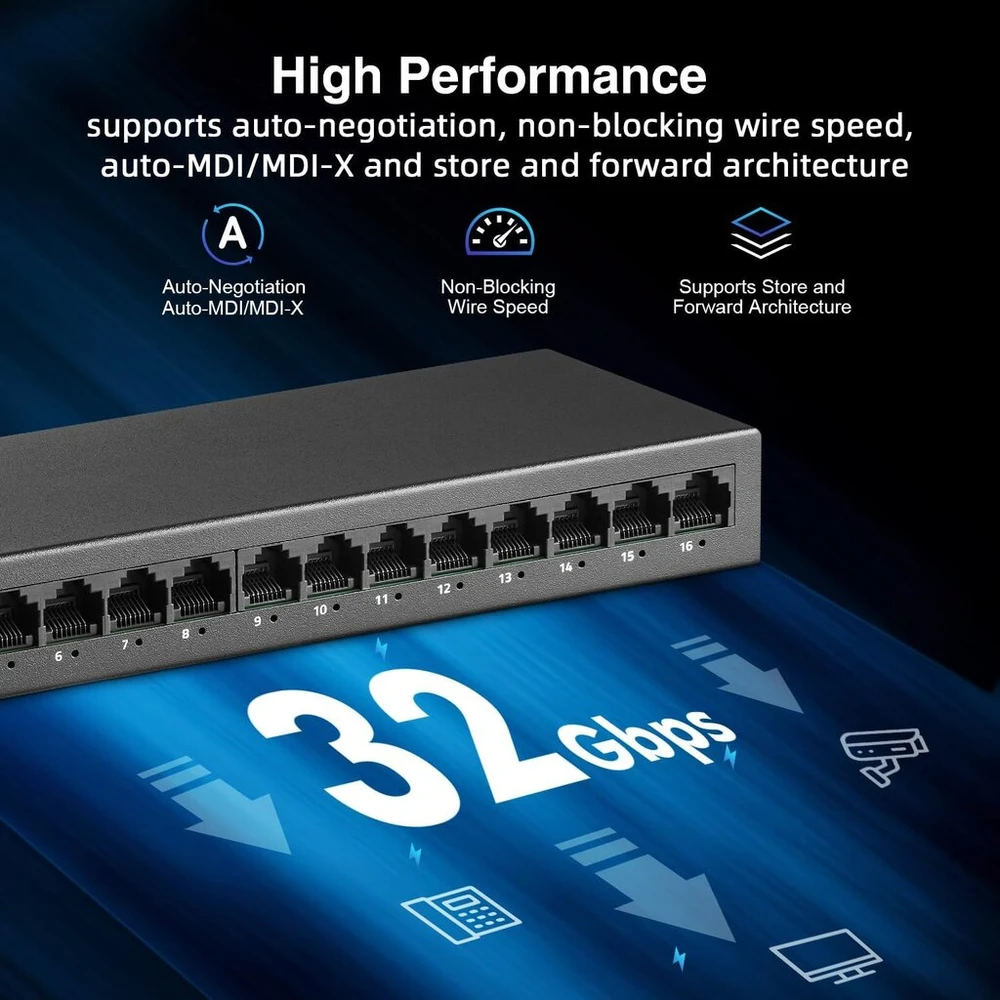 Šakotuvas Yulinca 16 prievadų Gigabit Ethernet jungiklis, 16x 100/1000mbps, be ventiliatoriaus