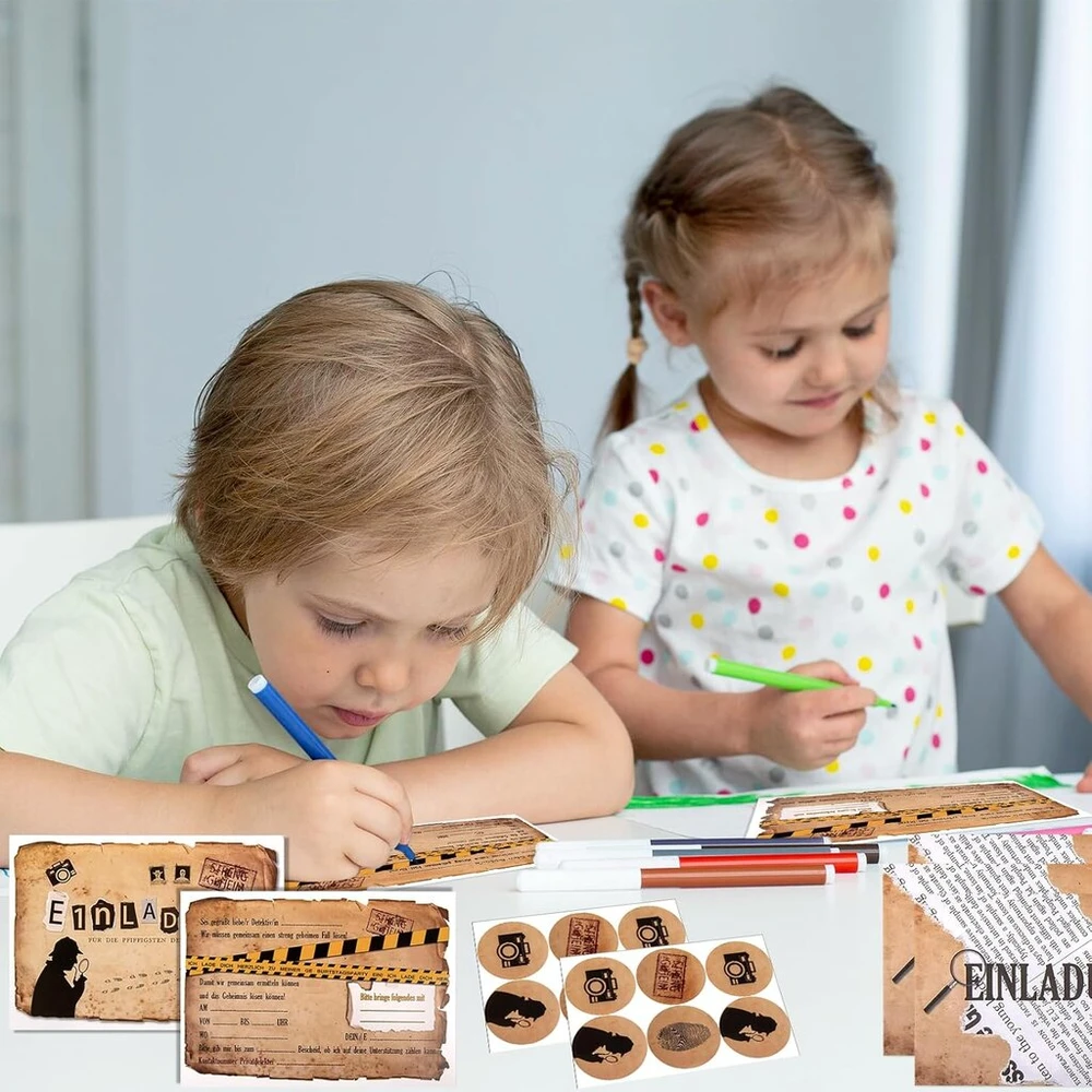 Yumcute 12 x kvietimų kortelės vaikų gimtadienio vakarėliui + atitinkami vokai, detektyviniai vaikų gimtadienio kvietimai su lipdukais gimtadienio vakarėliui vaikams mergaitėms ir berniukams