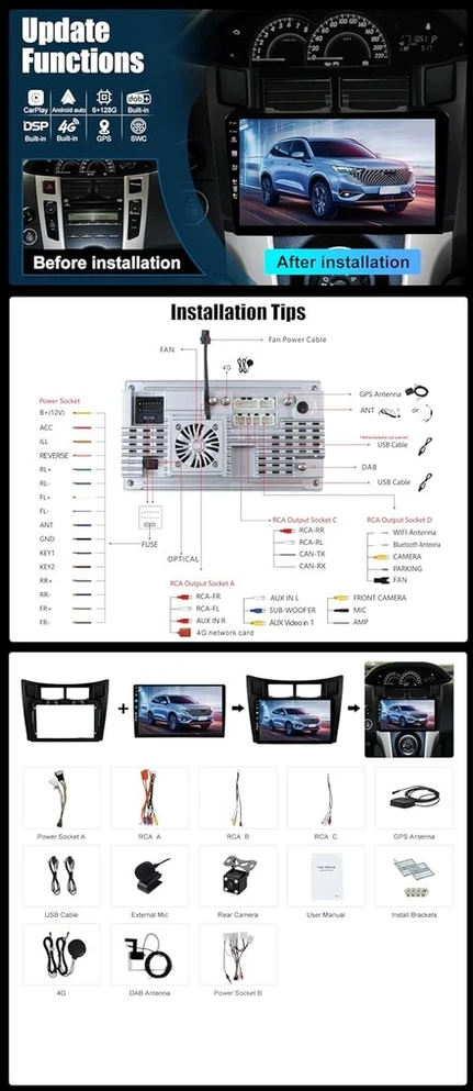 Automagnetola Yuntx 9 colių android 14 automobilinis radijas su sat nav toyota yaris xp90 (2005-2012) | octa core | 6gb 128gb | įmontuotas 4g lte | carplay & android car | dsp | dab | hdmi | dual band wifi | bluetooth