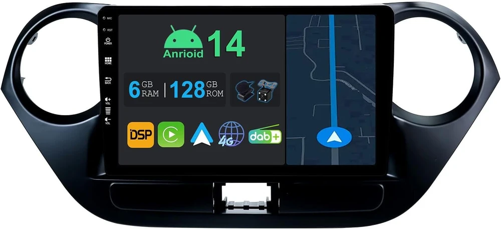 Automagnetola Yuntx 9 colių android 14 automobilinis radijas su hyundai i10 2014-2019 | octa core | 6gb 128gb | įmontuotas 4g lte | carplay ir android car | dsp | dab | hdmi | dviejų dažnių wifi | bluetooth