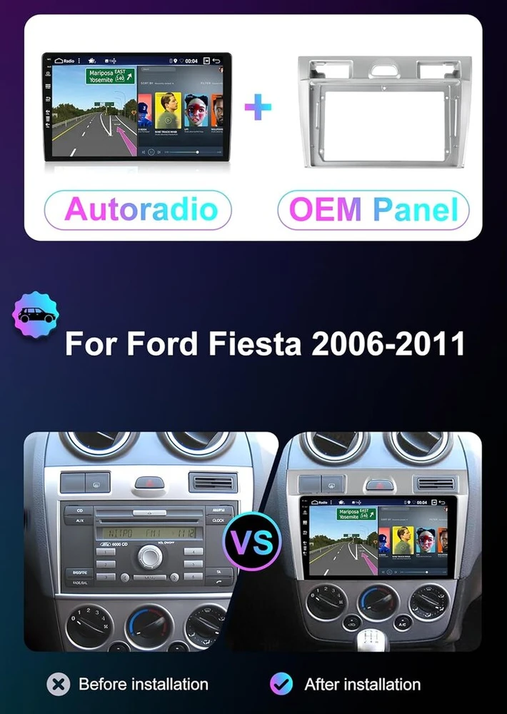 Automagnetola Yuntx Android 14 automobilinis radijas Ford Fiesta Mk Vi 5 Mk5 2002-2011-[integruotas Carplay/android Car/gps]-9 colių Ips jutiklinis ekranas, vairo Valdymas/mirrorlink/bluetooth 5.0/wifi/usb/kamera
