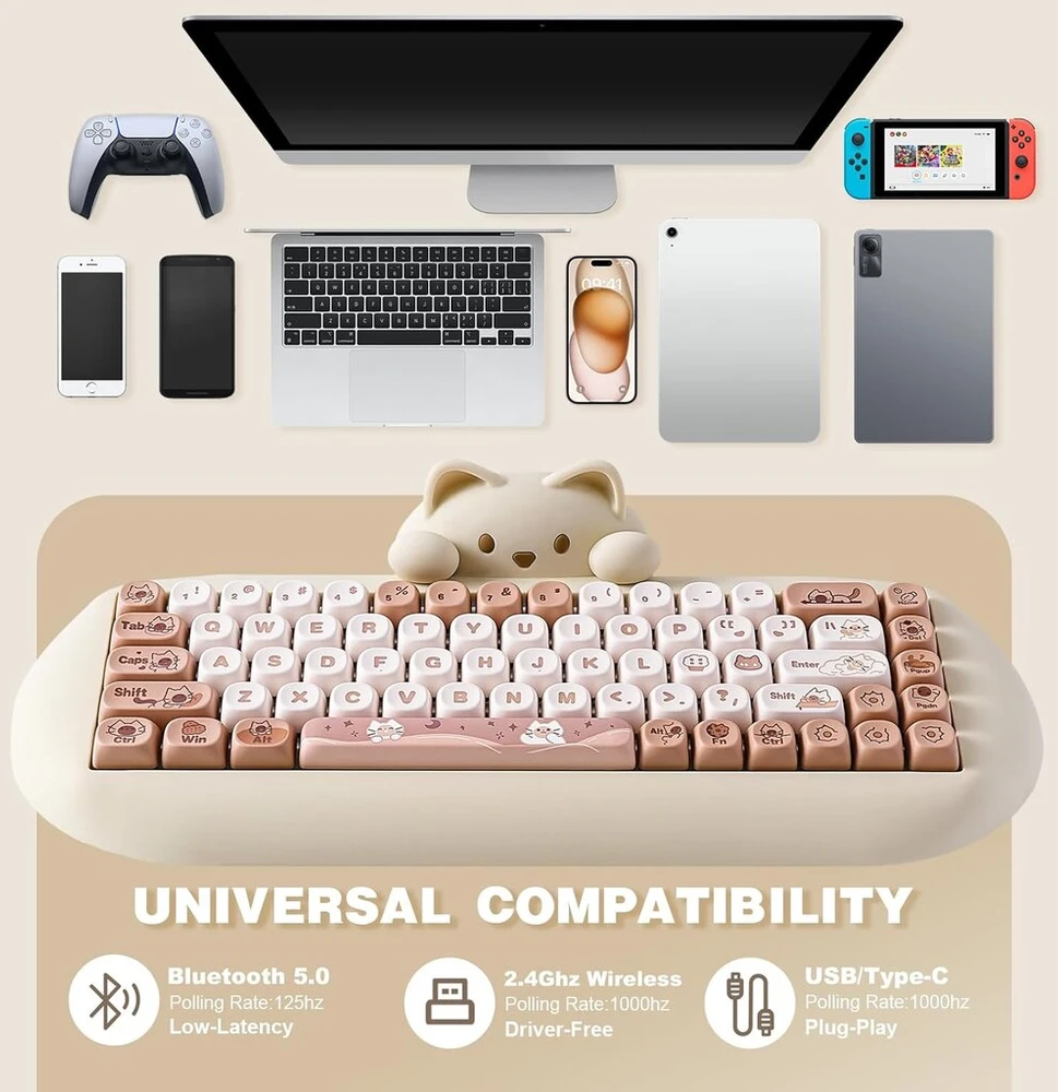 Yunzii C68 belaidė mechaninė klaviatūra, 65% žaidimų klaviatūra Hot Swap, trigubas režimas Bt5.0/2.4g/laidinis, Rgb apšvietimas Nkro, miela katės silikoninė klaviatūra, skirta Win/mac (cocoa Switch, Brown Cat)