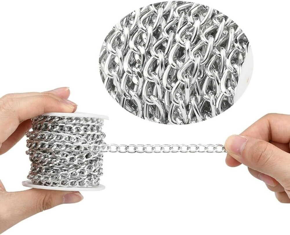 Yurosiay 5 m / ritinys 10 x 6.5 mm grandinėlės amatams, papuošalų grandinėlės iš aliuminio su ritės vytomis grandinėlėmis, bortelių grandinėlės, ritės grandinėlė, metalinė grandinėlė "pasidaryk pats" papuošalų gamybai