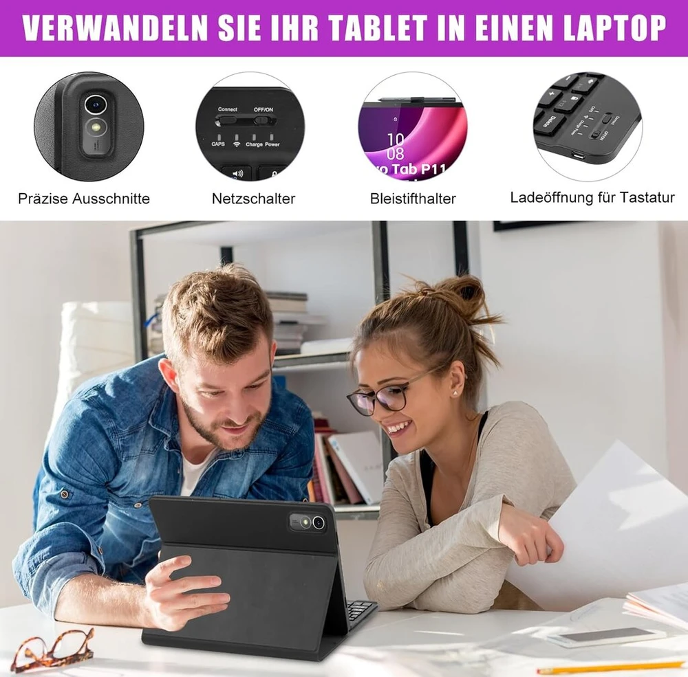 Zabatoco dėklas su klaviatūra, skirtas Lenovo Tab P11 Gen 2 11.5 colių planšetiniam kompiuteriui, bluetooth Qwertz klaviatūra su 7 spalvų apšvietimu, skirta Lenovo P11 (2nd Generation)