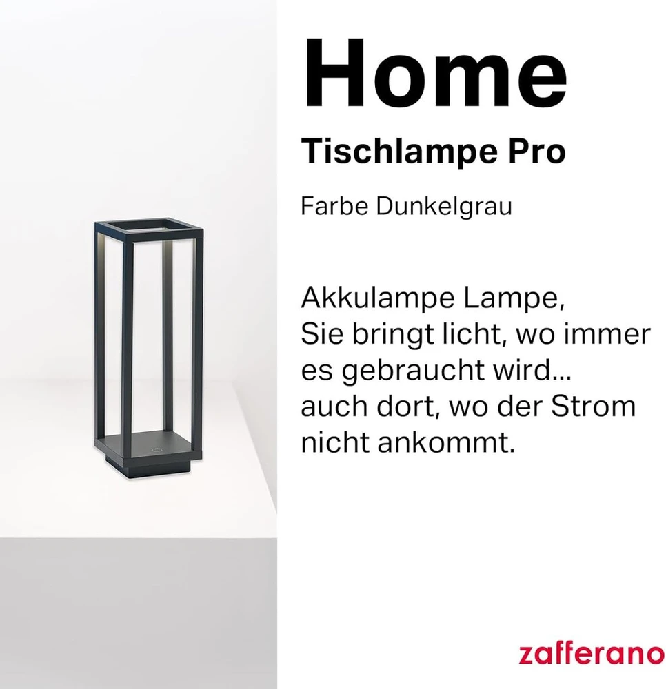 Zafferano, Home Pro lemputė, įkraunama ir belaidė stalinė lempa su jutikliniu valdymu, tinkama naudoti patalpose ir lauke, reguliuojamas ryškumas, 3000 K, aukštis 29,4 cm, spalva tamsiai pilka