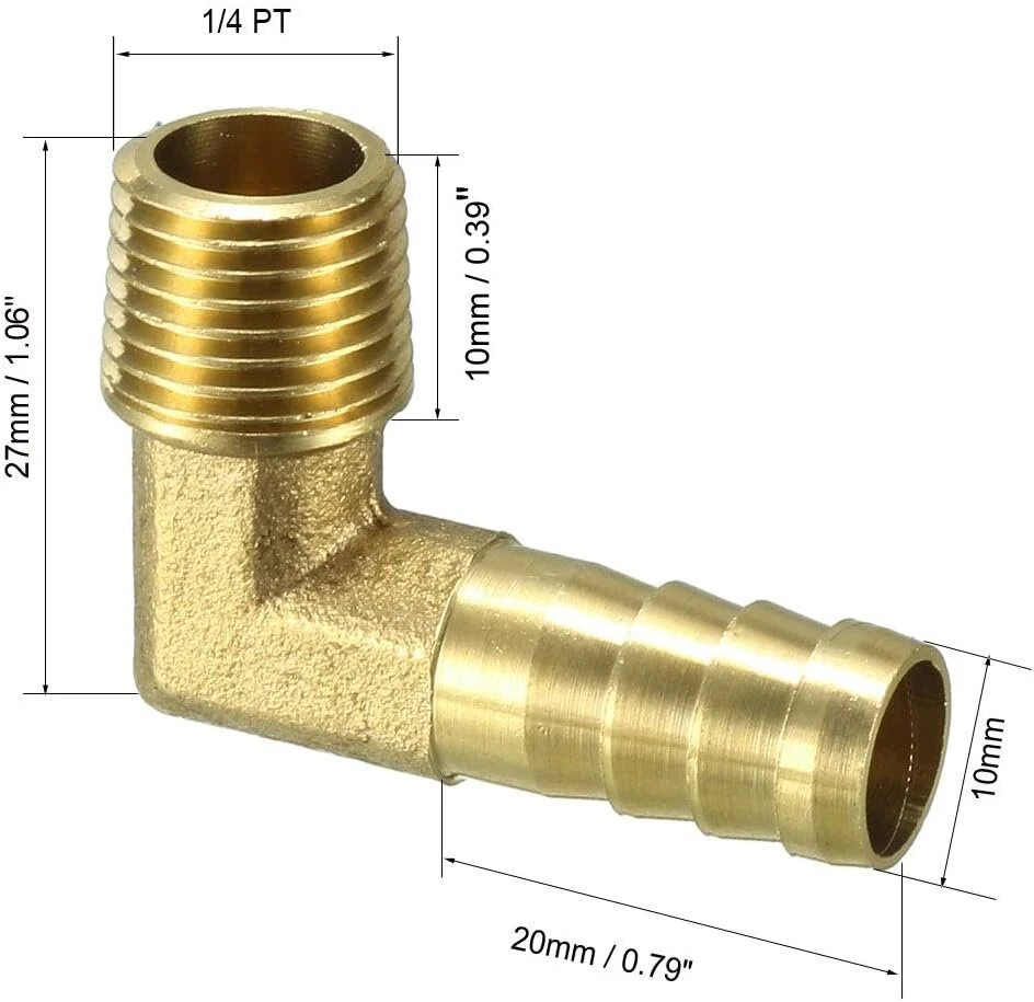 Žalvario jungiamosios detalės: 90 laipsnių kampas, 1/4 Pt, 10 mm