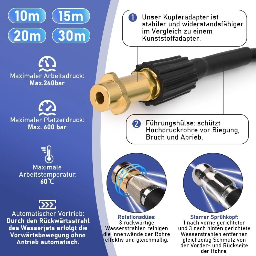 Žarnos vamzdžių valymui 10m, M22 adapteris, purkštukai, 240 bar