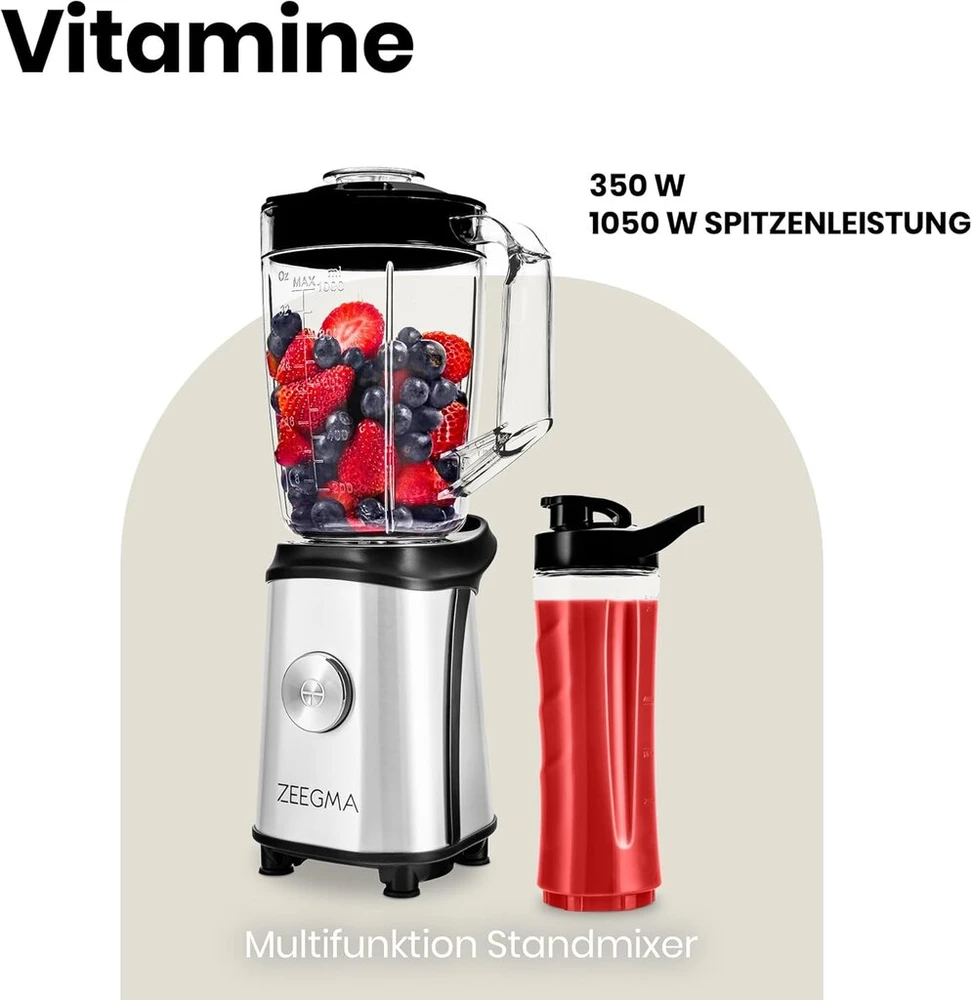 Zeegma Vitamins daugiafunkcinis 4-in-1 maišytuvas su stovu, 1050 W, su 1 l ąsočiu, elektrinis sulčiaspaudės maišytuvas, kokteilių plaktuvas su saugos užraktu, kavos malūnėlis, kryžminiai peiliukai, 2 x peiliukų rinkiniai (1 l, 1050 W)