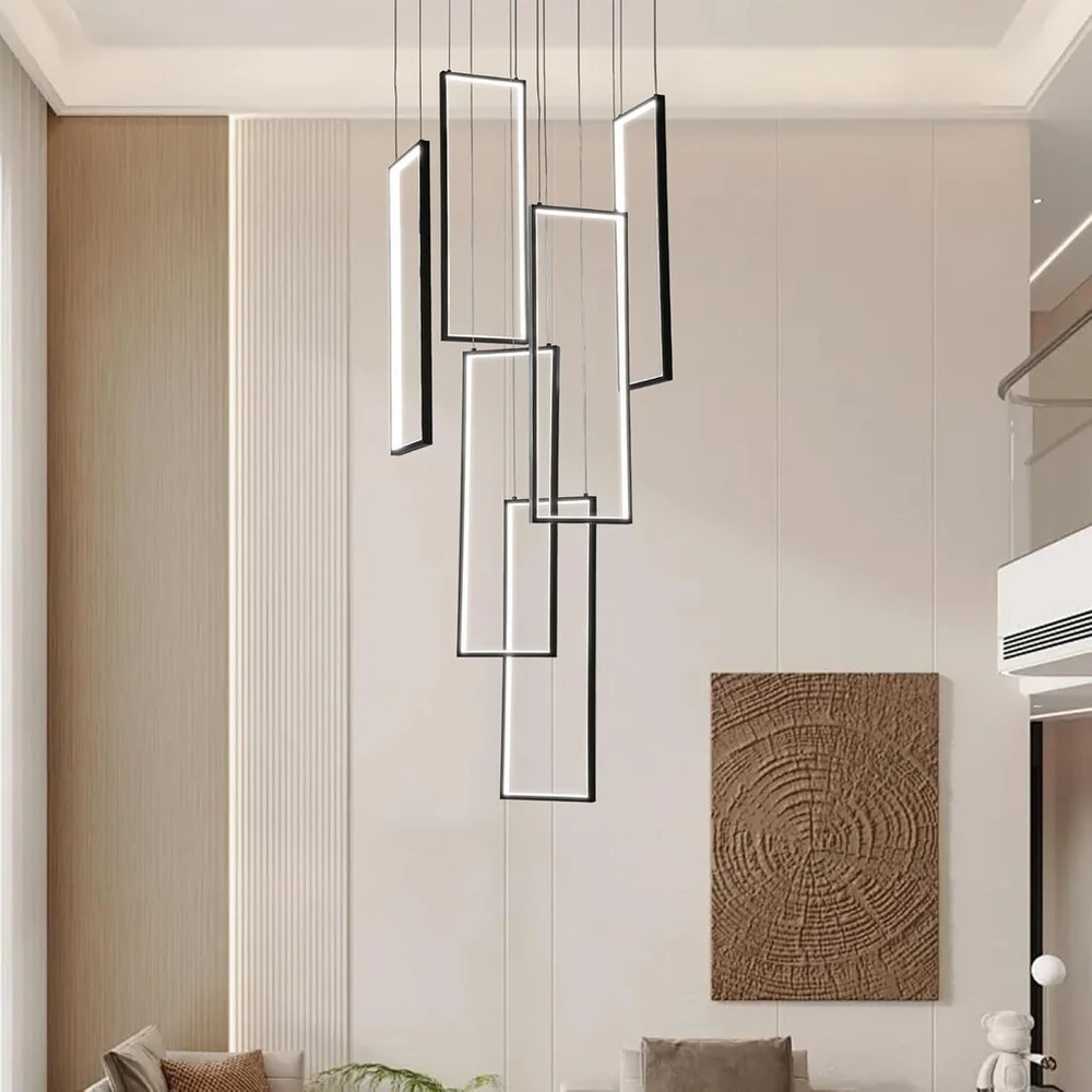 Zenithbeam modernus laiptinės sietynas, 300 cm aukščio juodas Led pakabinamas šviestuvas, 6 stačiakampio formos reguliuojamas dekoratyvinis pakabinamas šviestuvas vilų laiptams, valgomajam, svetainei, aukštoms luboms