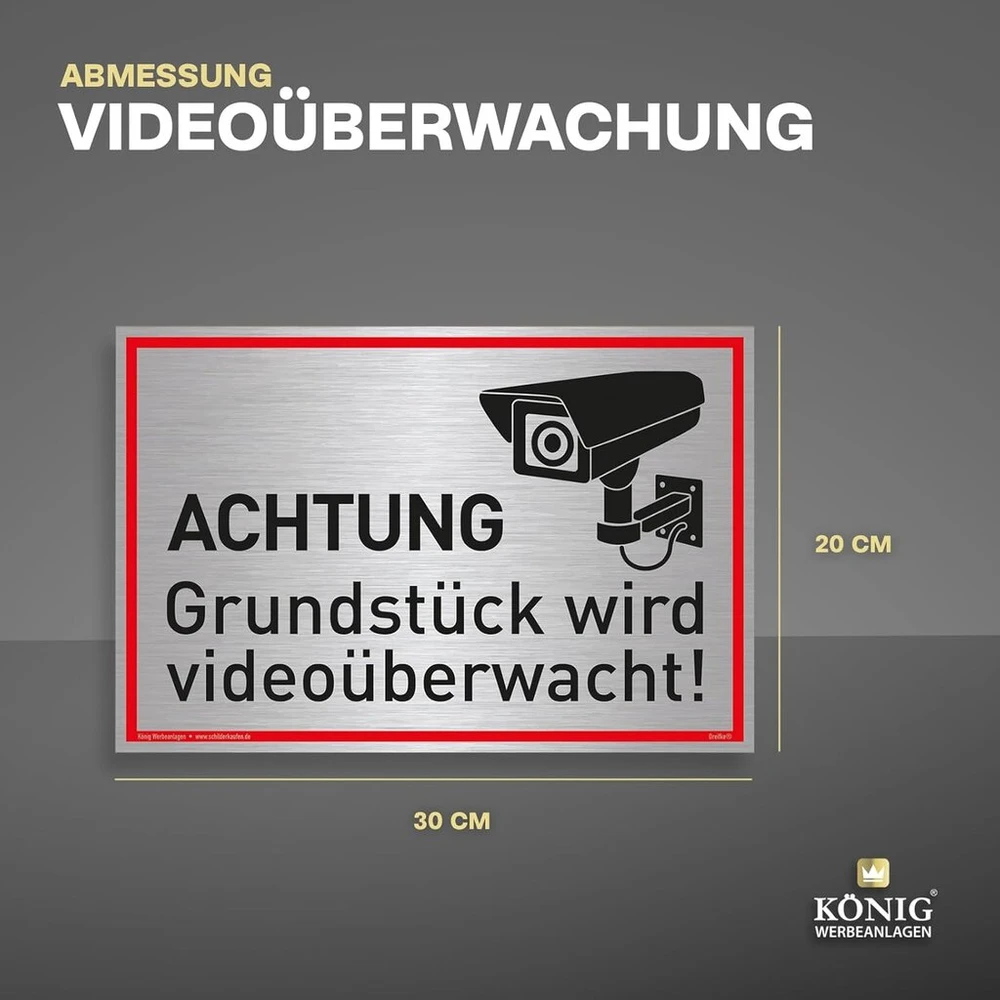 Ženklas achtung grundstück wird videoüberwacht! | aliuminis 30 x 20 cm | tvirtas aliuminio ženklas su uv apsauga | šlifuoto sidabro elegantiška išvaizda | vaizdo stebėjimo kamerų stebėjimas dreifke®